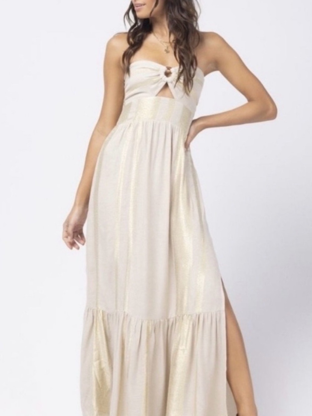 Anthropologie L Space Linen Gold Strapless Maxi Dress with Wood Knot Front